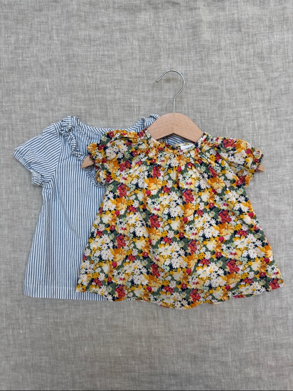GAP 12-18mo Girls Yellow Floral Smocked Top with Blue Stripe Blouse